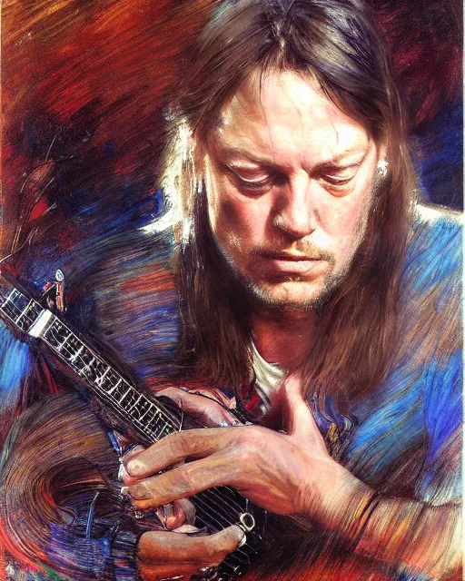 Image similar to david gilmour age 3 2 looking down dramatic expression, psychedelic plein air portrait painting by richard schmid, thomas moran, john william waterhouse, studio ghibli, donato giancola,