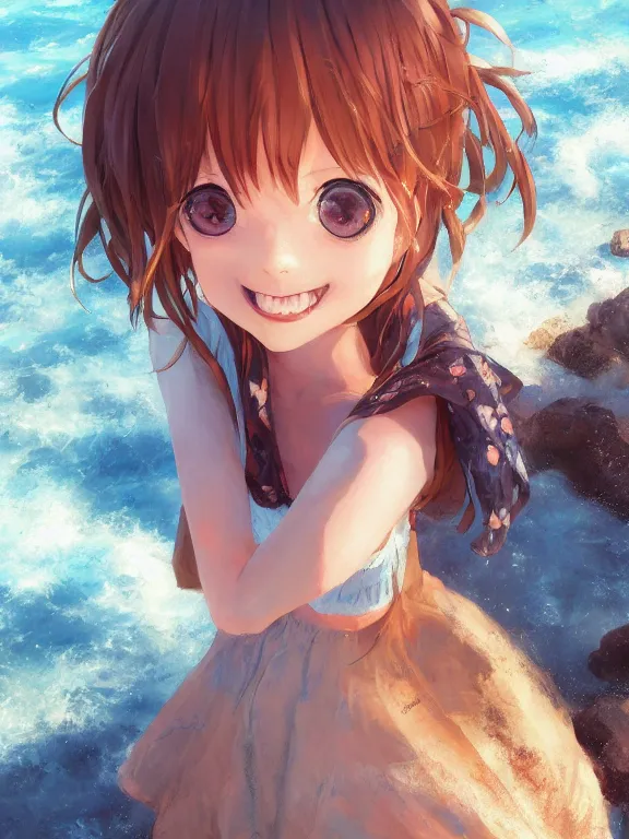 Image similar to A portrait of a smiling anime girl on the beach near the ocean, young child, medium shot, whole head, trending on artstation, by Stanley Artgerm Lau, WLOP, Rossdraws, James Jean, Andrei Riabovitchev, Marc Simonetti, and Sakimi chan, anime portrait, official anime artwork