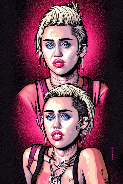 Image similar to a portrait of miley cyrus, drawn by robbie trevino and dan mumford, poster, digital art, comic art, concept art,, single head, no double head,