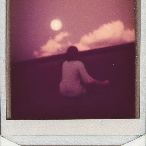 Image similar to an aged polaroid photo of a young woman seen from behind, night, the galaxy is visible in the sky, detailed clouds, warm azure and red tones, film grain, color bleed