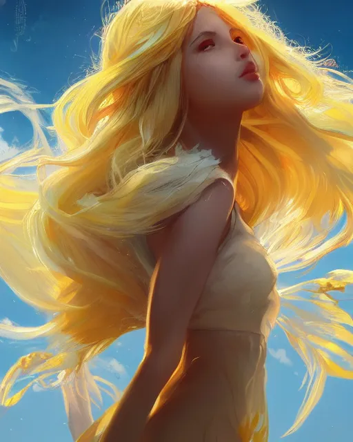 Image similar to a beautiful sun goddess, flowy yellow golden hair, sun, summer, cinematic lighting, highly detailed, digital painting, trending on artstation, pixiv, concept art, sharp focus, illustration, art by ross tran and wlop