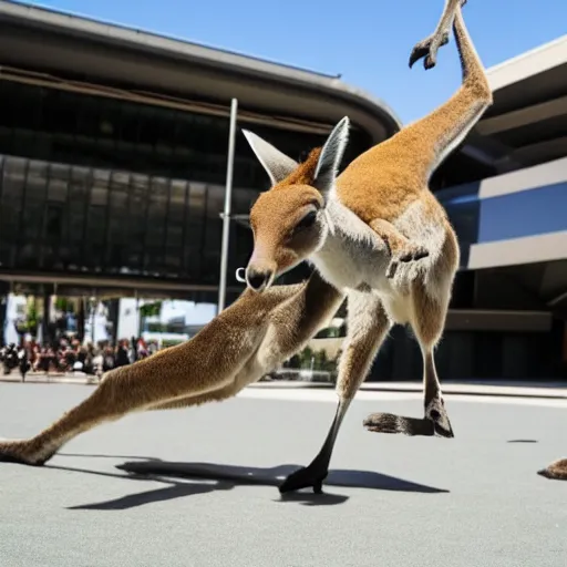 Prompt: kangaroo doing parkour at the adelaide festival center