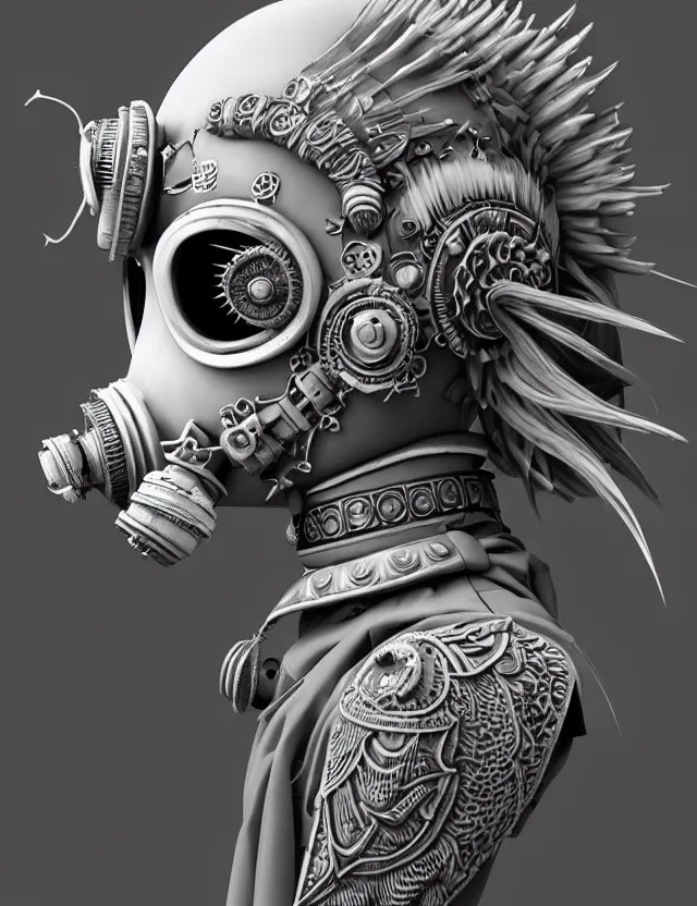 Image similar to 3 d goddess close - up profile punk portrait with vintage gas mask ram skull. beautiful intricately detailed japanese crow kitsune mask and clasical japanese kimono. betta fish, jellyfish phoenix, bio luminescent, plasma, ice, water, wind, creature, artwork by tooth wu and wlop and beeple and greg rutkowski