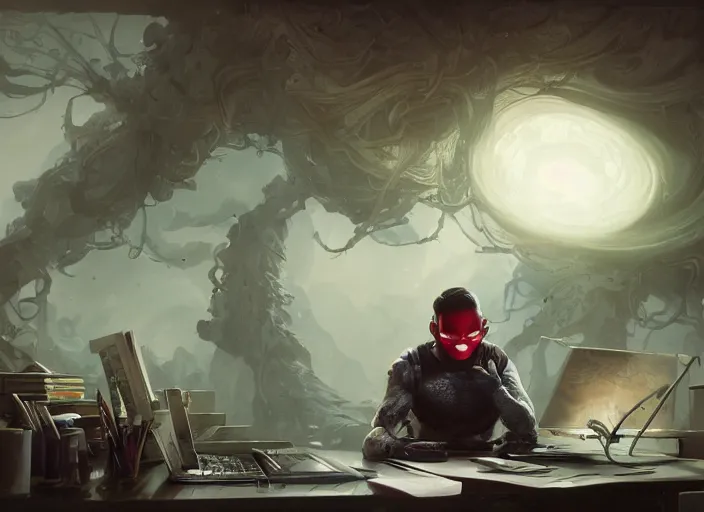 Image similar to an insanely detailed painting of an asian man wearing a homemade superhero costume, sitting at a desk, staring seriously at the computer and typing, in the style of peter mohrbacher, james jean, ruan jia, dramatic lighting and composition, surreal background, octane render, pixar, trending on artstation, concept art, comic book, view from behind, 8 k