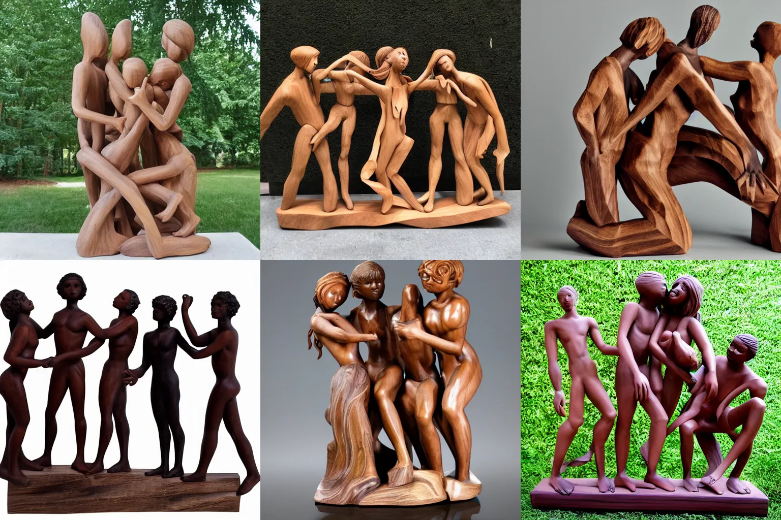 Prompt: flowy wood sculpture of beautiful androgynous polyamorous racially diverse people caressing