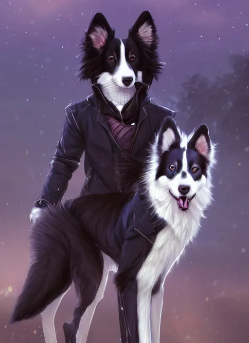 Image similar to wide angle full body portrait of a cute male anthropomorphic border collie fursona wearing a jacket in front of a park, character design by charlie bowater, henry asencio, and ross tran, furry art, furaffinity, scenic background, intricate, elegant, beautiful, fantasy, glamor pose, detailed, trending on artstation