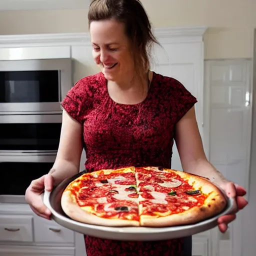 Prompt: woman accidentally bakes a pizza