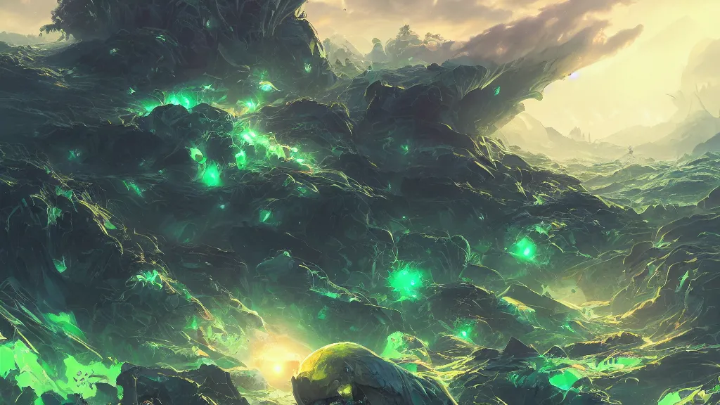 Image similar to giant green skull falls on the earth, meteor, crash, waves of energy, by sylvain sarrailh, rossdraws, ambient light, ultra detailed, fantasy artwork, 8 k, volumetric lighting, trending on artstation, award winning, very beautiful.