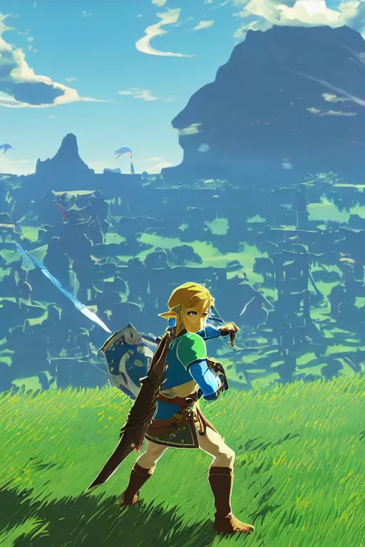 Image similar to in game footage of link from the legend of zelda breath of the wild activating magnesis, breath of the wild art style.