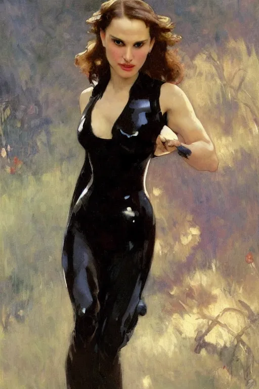 Image similar to elegant romantic portrait photo of natalie portman as black widow by greg manchess, mucha, william adolphe bouguereau, john singer sargent, sorolla, winslow homer, dean cornwell, james gurney, kilin eng, ilya repin, masterpiece