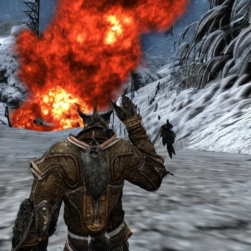 Prompt: An atomic bomb explosion in the elder scrolls skyrim, winter scenery, nukes falling