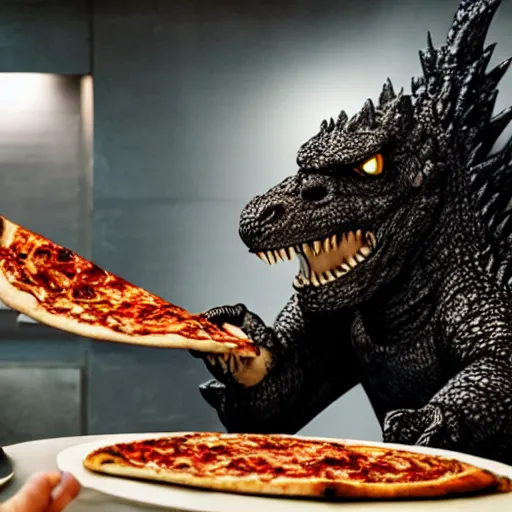 Image similar to godzilla eating pizza in a torture chamber,