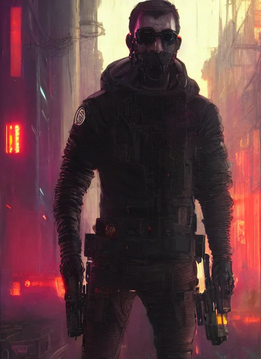 Prompt: Rutherford B hayes. Cyberpunk assassin in tactical gear. blade runner 2049 concept painting. Epic painting by Craig Mullins and Alphonso Mucha. ArtstationHQ. painting with Vivid color. (rb6s, Cyberpunk 2077, matrix)