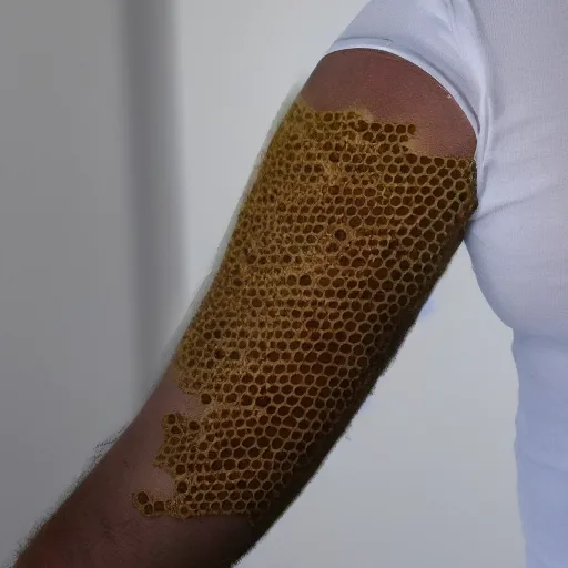 Prompt: arm made with honeycomb, bees flying, photo realistic, tiny holes