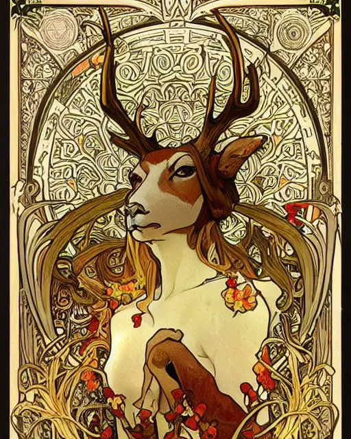 Image similar to an art nouveau painting of a deer with antlers, highly detailed, intricate, artstation, by alphonse mucha and james gurney