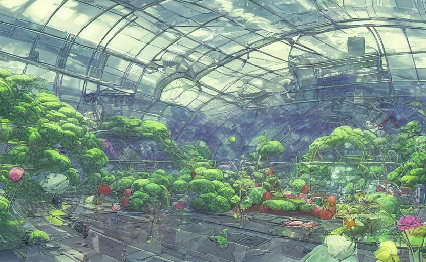 Image similar to lush greenhouse on a spaceship flying in space, concept art, by akira toriyama, artstation, digital art