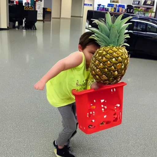 Prompt: realistic photo of rowan aktinson stealing a pineapple from target