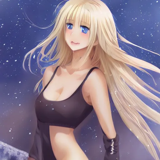 Prompt: winter picture : a shivering very beautiful grown blond anime girl, longest blond hair, longest blond hair, longest blond hair, longest blond hair, longest blond hair, longest blond hair, detailed sky blue eyes, cute, bikini, white miniskirt, highly detailed, cinematic wallpaper by stanley artgerm lau