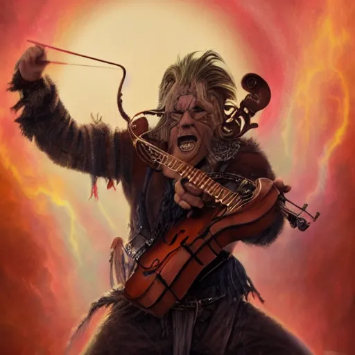 Image similar to detailed photo of a Half-orc bard portrayed by Gary Busey playing a fiddle, 8k,by Tristan Eaton, Stanley Artgermm, Tom Bagshaw, Greg Rutkowski, Carne Griffiths, trending on DeviantArt, face enhance, hyper detailed ,full of color, dramatic lightning, epic stance