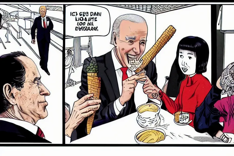 Image similar to Joe Biden eats ice cream to kill Americans, Junji Ito