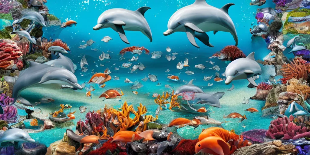 Image similar to sirens of the sea with other dolphins and sea creatures in their underwater kingdom, ultrarealistic, 4 k