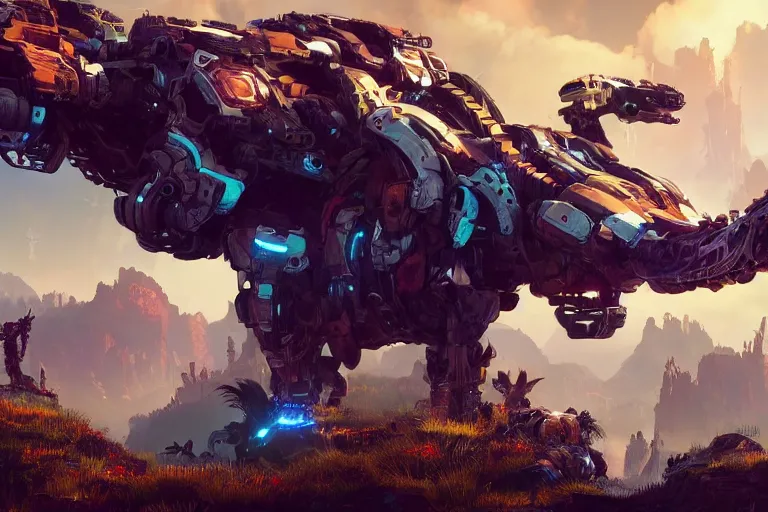 Image similar to snapmaw machine mecanical creature robot of horizon forbidden west horizon zero dawn bioluminiscence global illumination ray tracing hdr fanart arstation by ian pesty and alena aenami artworks in 4 k