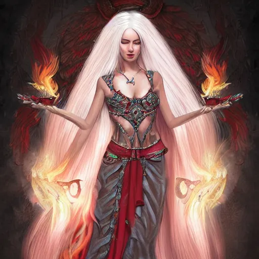 Prompt: Attractive young female fire angel, beautiful long white hair, wearing tumultus flames, intricate, highly detailed, elegant, digital painting, trending on artstation