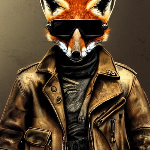Prompt: portrait of an anthro fox, wastelands, mad max style, lots of details, leather, jackets, helmet, sunglasses, weaponry, grunge, militarised