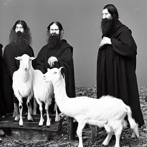 Image similar to photo of breton monks looking like rasputin, with a goat