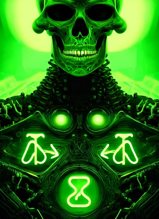 Prompt: extreme close up, portrait of a cyber skeleton, green glowing runes, exuding green energy runes, intricate, elegant, eerie lights, grim dark, ancient, gloomy, atmospheric, highly detailed, digital painting, artstation, concept art, smooth, sharp focus, illustration, art by wlop, mars ravelo and greg rutkowski