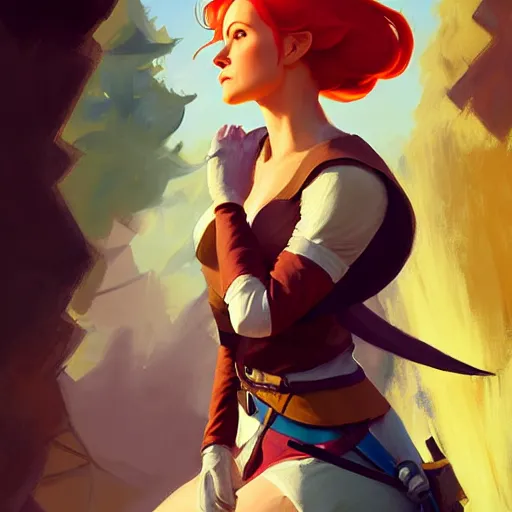 Prompt: portrait of a female Link from Triss Merigold medium shot, asymmetrical, profile picture, Organic Painting, sunny day, Matte Painting, bold shapes, hard edges, street art, trending on artstation, by Greg Manchess and Huang Guangjian and Loish and Gil Elvgren and Sachin Teng