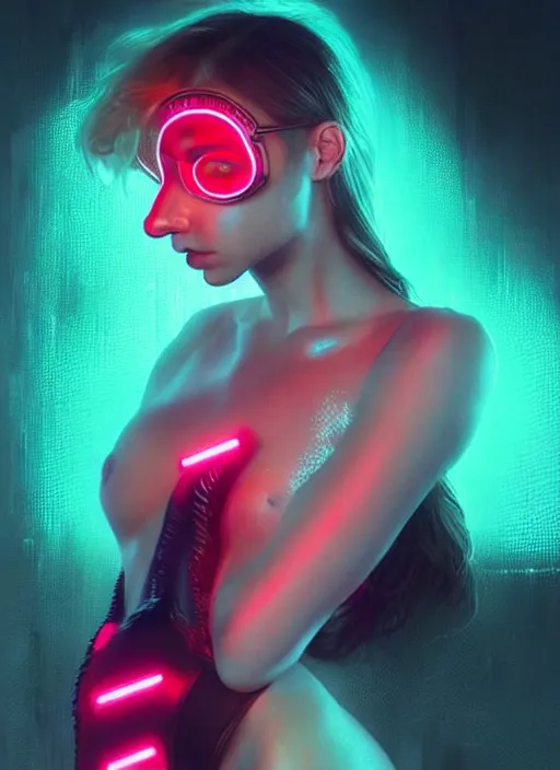 Image similar to a sensual russian female humanoid with freckles cheeks, cyber neon lighting, futurism, intricate futuristic jewelry accessories, cyberpunk glossy latex swimsuit, profile posing, hyper photorealistic, crispy quality, digital photography, trending in artstation, trending in pinterest, cinematic, 4 k ultra hd, art by pascal blanche, art by greg rutkowski,