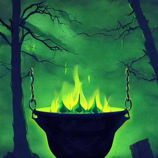 Image similar to a black cauldron filled with a magical green glowing liquid hanging above a campfire, night, fantasy, digital art, mysterious, realistic