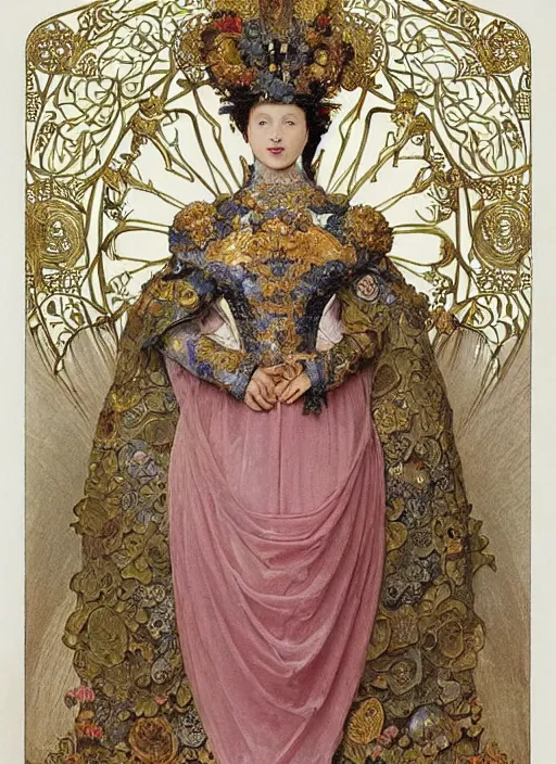 Prompt: a magnificent robot young queen elizabeth of england, neo - rococo gilded engraved armor with precious stones, a heavy richly embroidered velvet cloak, with lush rose bush all around, by victor ngai, alphonse mucha, william bouguereau, william morris, symmetrical features, symmetrical pose, wide angle shot, head to toe, standing pose, feet on the ground