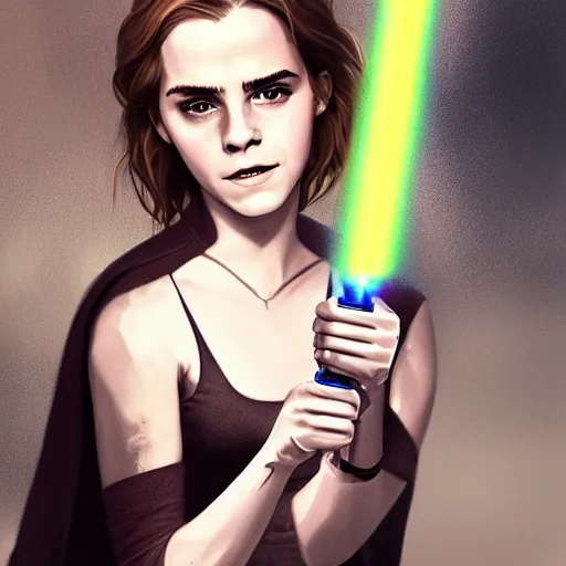 Image similar to emma watson holding a lightsaber, by wlop, trending on artstation, concept art, illustration, intricate, ornate, 8 k, highly detailed