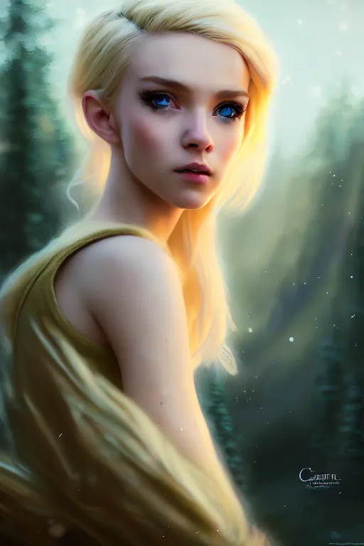 Image similar to cinematic shot of an epic portrait of a cute blonde fairy dressed in military clothes, stylised military clothes, shiny skin, beautiful eyes, beautiful, small details, night setting, realistic poster with volumetric light from craig mallism, artgerm, jeremy lipkin and michael garmash, unreal engine, radiant light, digital art, trends at art station, a masterpiece