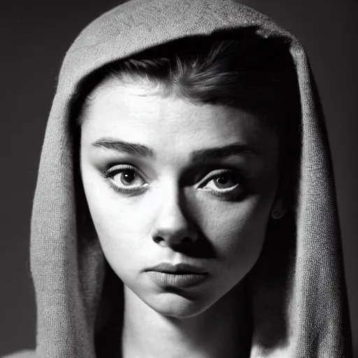 Image similar to dramtically lit, high quality studio photo of a girl who looks like 16-year old Audrey Hepburn and Scarlett Johansson, with parted lips and stunning, anxious eyes, wearing a shawl, by Steve McCurry