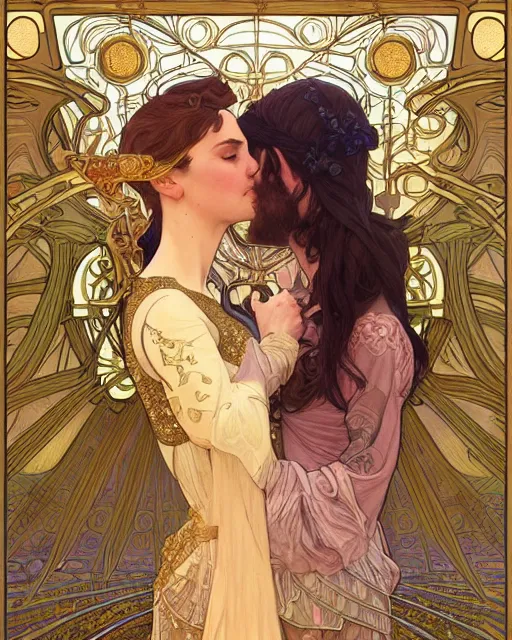 Image similar to the kiss | highly detailed | very intricate | art nouveau | gold filigree | romantic storybook fantasy | soft cinematic lighting | award - winning | painted by mandy jurgens and alphonse mucha and alena aenami | pastel color palette | featured on artstation