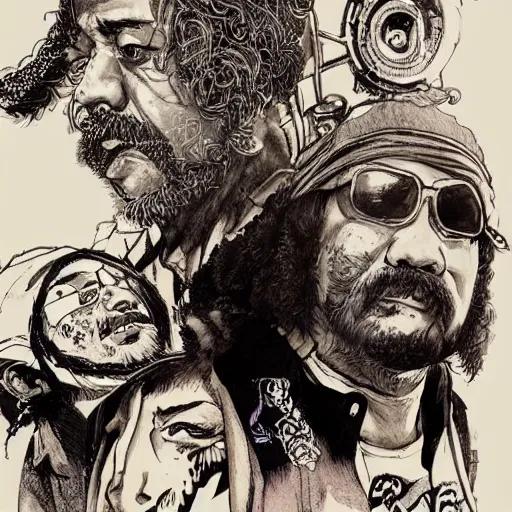 Image similar to portrait of cheech and chong, concept art, sumi - e style, intricate linework, artstation, trending, highly detailed, smooth, focus, art by yoji shinkawa,