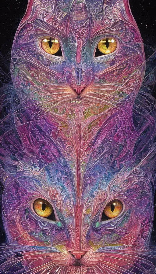 Prompt: Chromatic crystal themed painting cute cat beautiful symmetrical face concept, infinity glyph, intricate artwork by, Alex Grey, Johnatan Wayshak, Zdizslaw Beksinski, Ayami Kojima, Amano, Karol Bak, Greg Hildebrandt, and Mark Brooks, Neo-Gothic, gothic, rich deep colors, art by Takato Yamamoto, masterpiece, face by Artgerm, H.R. Giger, very coherent artwork, cinematic, hyper realism, high detail, octane render, unreal engine, 8k, High contrast, golden ratio, trending on cgsociety, ultra high quality model, production quality cinema model