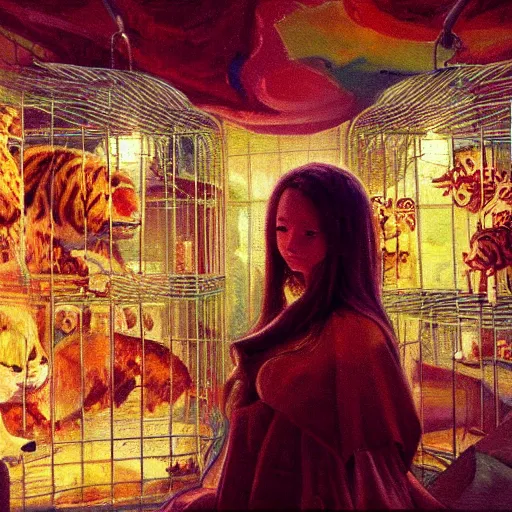 Prompt: a painting of a russian girl in her room full of cages with exotic animals, night light lighting only on her face