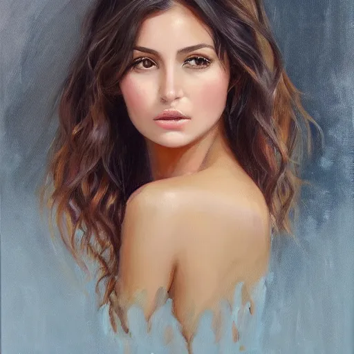 Image similar to beautiful portrait face centre oil on canvas of brunette with wavy hair Ebru Şahin, Reyyan, intricate, elegant, highly detailed, artstation, concept art, sharp focus, art by Alina Ivanchenko, Rob Ross, WLUP, artgerm