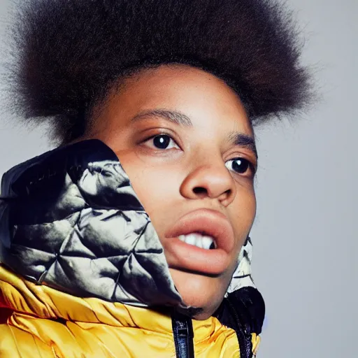 Image similar to realistic! photoshoot for a new balenciaga lookbook, color film photography, portrait of a beautiful woman wearing a puffer jacket, photo in style of tyler mitchell, 35mm