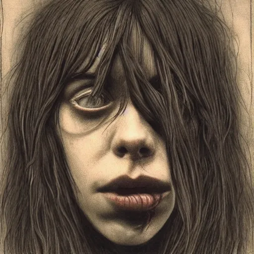 Prompt: grunge drawing of billie eilish by - Zdzisław Beksiński , spongebob style, horror themed, detailed, elegant, intricate