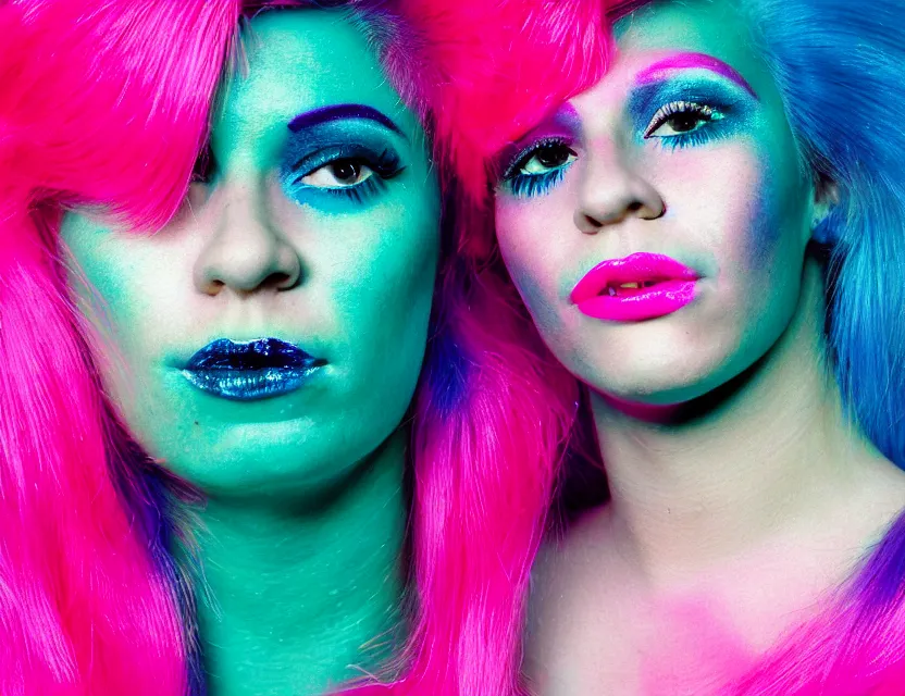 Prompt: a faded grainy 1 9 8 0 s magazine portrait photo of a person with pink hair wearing geometric neon green eyeliner and blue lipstick, plain gradient backdrop