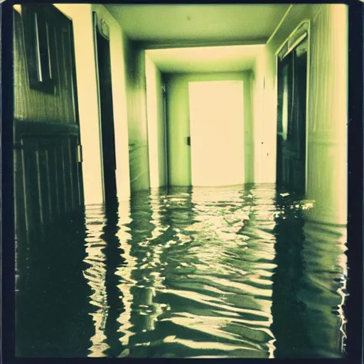 Image similar to flooded hallway, polaroid,