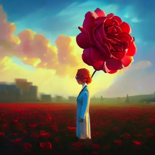 Image similar to closeup, giant rose flower head, portrait, girl with suit, surreal photography, sunrise, blue sky, dramatic light, impressionist painting, digital painting, artstation, simon stalenhag