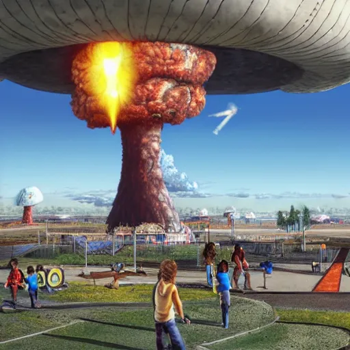 Image similar to terminators playing on a playground with a giant nuclear mushroom cloud in the back ground of a bright blue sky high level of detail 8 k resolution hyperdetailed photorealism