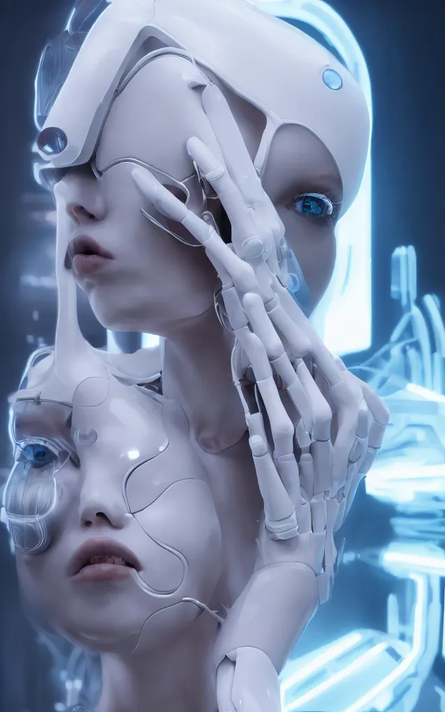 Image similar to white one cast futuristic biomechanics futuristic humanoid, beautiful face, female, futuristic, neon lights, cyberpunk, 8 k, digital painting, by beeple and makoto shinkai, trending on cg society, glamour pose, fashion photography, high fashion, canon r 3, photorealistic, hyper realistic, full body, wide angle shot