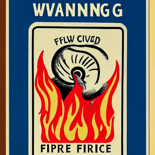 Prompt: vintage windy fire flame warning label